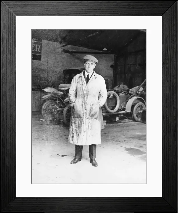 Framed Print : DF Bentley standing in front of a Bentley car, 1921 Framed Print : DF Bentley standing in front of a Bentley car, 1921