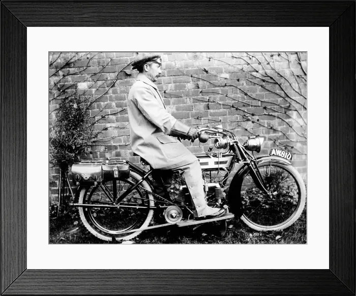 Framed Print : Man on a 1913 Douglas 350cc motorcycle, (c1913?) Framed Print : Man on a 1913 Douglas 350cc motorcycle, (c1913?)