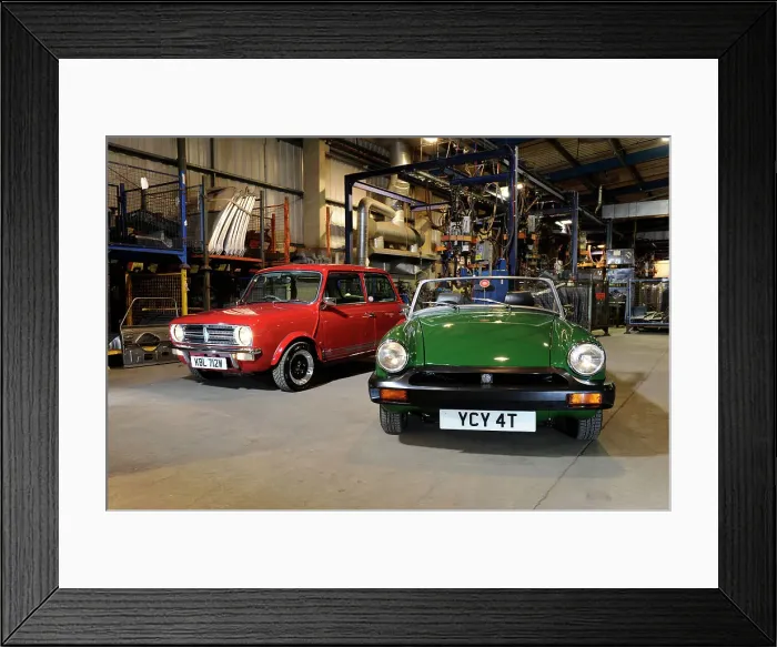 Framed Print : Austin Mini 1275 GT 1980 and MG Midget 1979. Artist: Simon Clay Framed Print : Austin Mini 1275 GT 1980 and MG Midget 1979. Artist: Simon Clay