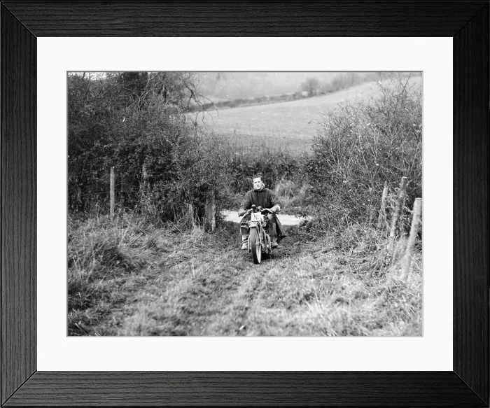 Framed Print : Syke riding an Ariel 4 during the Inter Varsity motor cross hill climb, November 1931 Framed Print : Syke riding an Ariel 4 during the Inter Varsity motor cross hill climb, November 1931