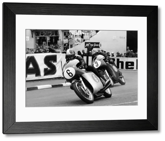 Framed Print : Giacomo Agostini on bike number 6, Tom Dickie on bike number 3, Isle of Man Junior TT, 1968 Framed Print : Giacomo Agostini on bike number 6, Tom Dickie on bike number 3, Isle of Man Junior TT, 1968