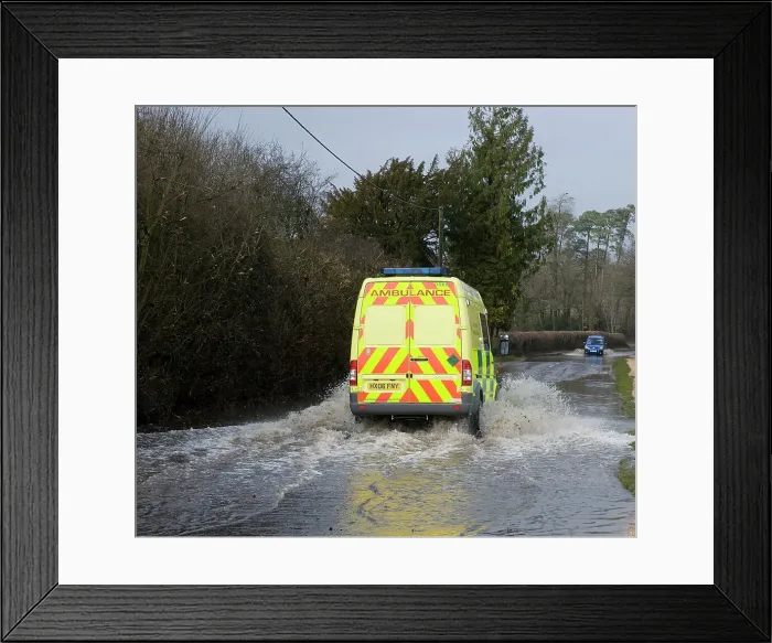 Framed Print : Ambulance driving through Floods at Beauleu 2008 Framed Print : Ambulance driving through Floods at Beauleu 2008