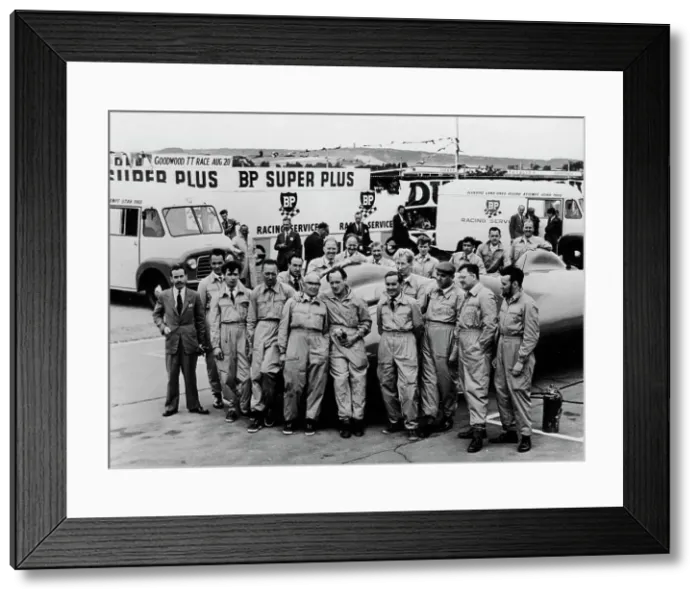 Framed Print : Donald Campbell and the Bluebird team, Goodwood, 22nd July 1960 Framed Print : Donald Campbell and the Bluebird team, Goodwood, 22nd July 1960