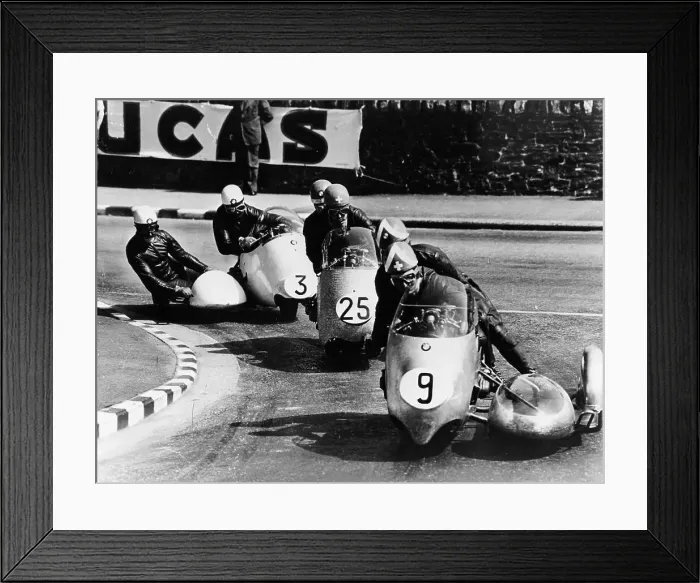 Framed Print : Fritz Scheidegger, Walter Schneider and Helmut Fath competing in a sidecar race, 1959 Framed Print : Fritz Scheidegger, Walter Schneider and Helmut Fath competing in a sidecar race, 1959