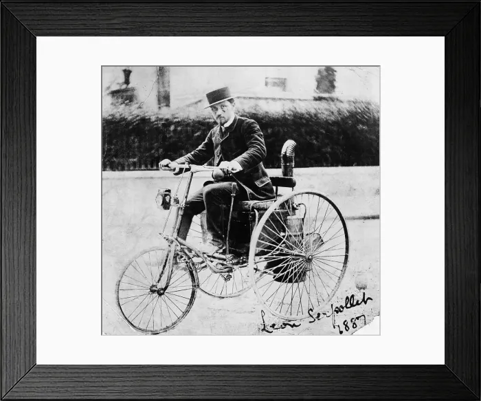 Framed Print : Leon Serpollet on his first steam tricycle, 1887 Framed Print : Leon Serpollet on his first steam tricycle, 1887