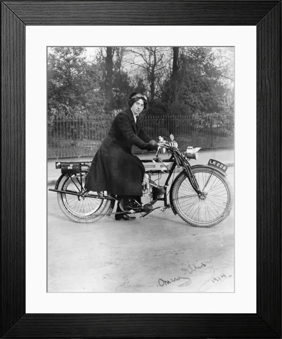 Framed Print : A woman on a Douglas motorbike, 1914