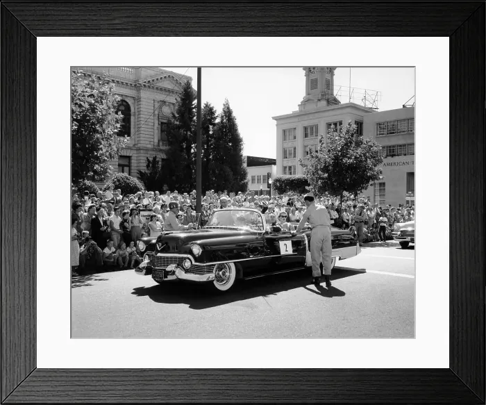 Framed Print : Cadillac convertible in a street parade, USA, (c1958?) Framed Print : Cadillac convertible in a street parade, USA, (c1958?)