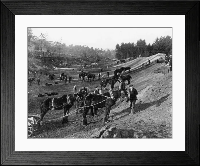 Framed Print : Brooklands motor racing circuit under construction, Surrey, c1906-c1907 Framed Print : Brooklands motor racing circuit under construction, Surrey, c1906-c1907