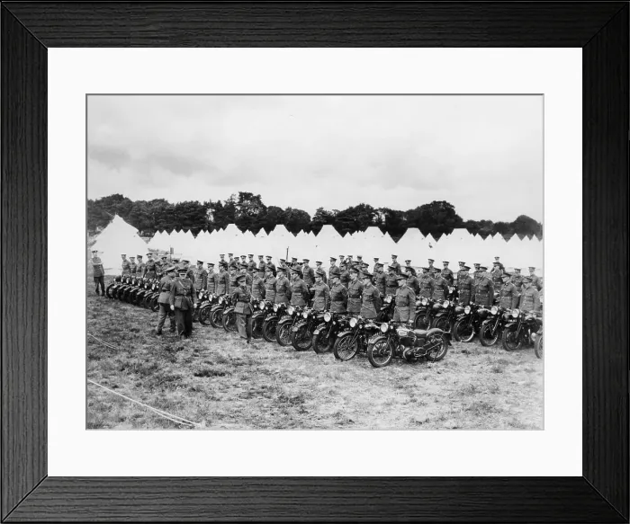 Framed Print : Sir Malcolm Campbell inspecting Territorial Army motorcycle reservists, c1938 Framed Print : Sir Malcolm Campbell inspecting Territorial Army motorcycle reservists, c1938