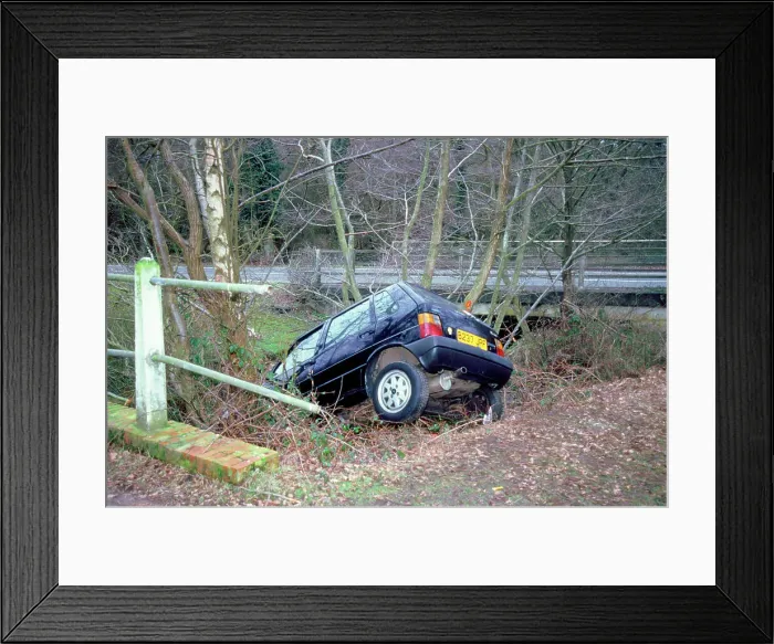 Framed Print : Fiat Uno crashed in to ditch Framed Print : Fiat Uno crashed in to ditch