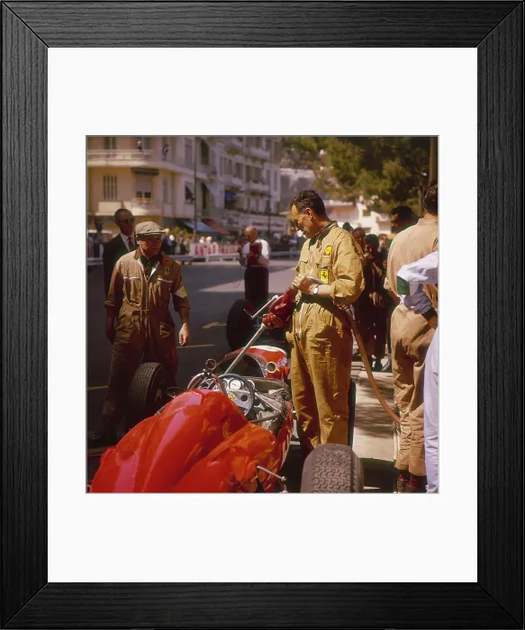 Framed Print : A Ferrari team member filling a car with fuel, Monaco Grand Prix, Monte Carlo, 1963