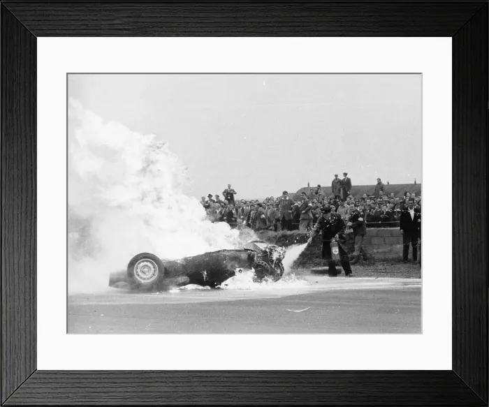 Framed Print : Tony Brooks car on fire at the British Grand Prix, Silverstone, Northamptonshire, 1956 Framed Print : Tony Brooks car on fire at the British Grand Prix, Silverstone, Northamptonshire, 1956