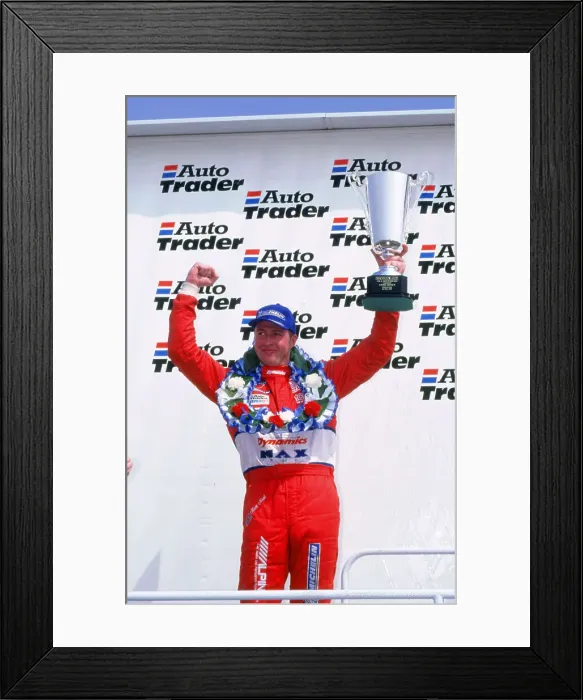 Framed Print : Matt Neal, Nissan driver, celebrates victory, 1999 British touring cars Framed Print : Matt Neal, Nissan driver, celebrates victory, 1999 British touring cars