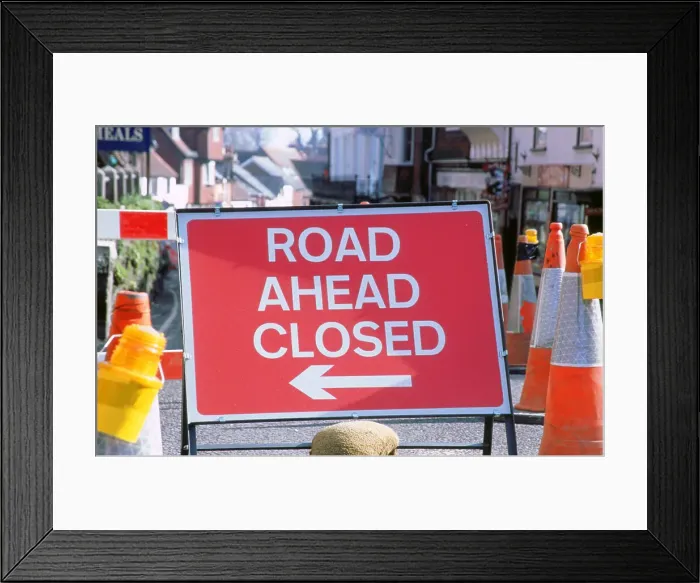 Framed Print : Roadworks 2001, Lyndhurst in Hampshire Framed Print : Roadworks 2001, Lyndhurst in Hampshire