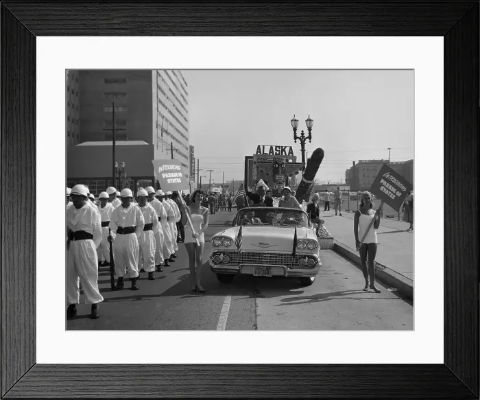 Framed Print : Models and a Cadillac on a parade, USA, (c1959?) Framed Print : Models and a Cadillac on a parade, USA, (c1959?)