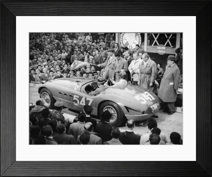 Framed Print : G Marzotto in a 4.1 Ferrari, taking part in the Mille Miglia, 1953 Framed Print : G Marzotto in a 4.1 Ferrari, taking part in the Mille Miglia, 1953