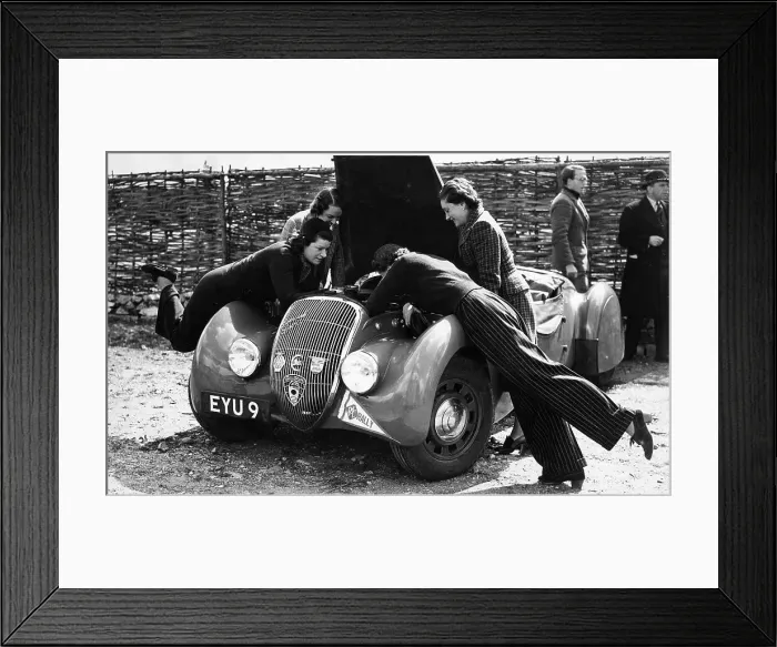 Framed Print : Miss MD Patten looking at the engine of a 1938 Peugeot 402 Special Sport, RAC Rally, 1939 Framed Print : Miss MD Patten looking at the engine of a 1938 Peugeot 402 Special Sport, RAC Rally, 1939