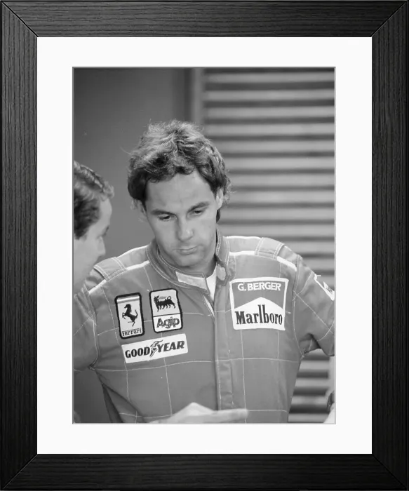 Framed Print : Gehard Berger listening to a member of the Ferrari team, 1988 Framed Print : Gehard Berger listening to a member of the Ferrari team, 1988