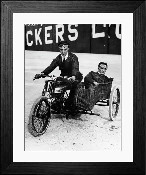 Framed Print : Tudor and Thompson riding a motorcycle and sidecar Framed Print : Tudor and Thompson riding a motorcycle and sidecar