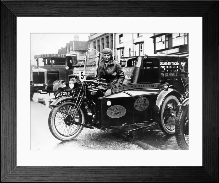 Framed Print : Woman riding a 1929 500cc AJS motorbike, (c1929?) Framed Print : Woman riding a 1929 500cc AJS motorbike, (c1929?)