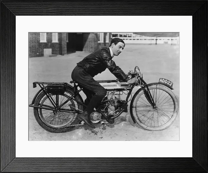 Framed Print : F Ball riding a 1913 Douglas motorbike, (c1913?) Framed Print : F Ball riding a 1913 Douglas motorbike, (c1913?)