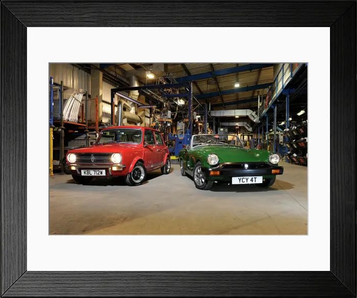 Framed Print : Austin Mini 1275 GT 1980 and MG Midget 1979. Artist: Simon Clay Framed Print : Austin Mini 1275 GT 1980 and MG Midget 1979. Artist: Simon Clay