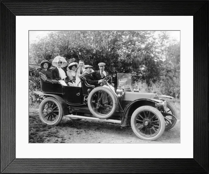 Framed Print : A group of men and women taking an outing in a 1907 Mercedes, 1908 Framed Print : A group of men and women taking an outing in a 1907 Mercedes, 1908
