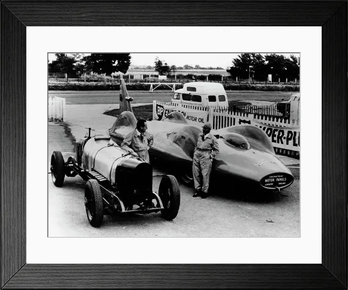 Framed Print : Donald Campbell with a Sunbeam 350 and Leo Villa with Bluebird, c1964 Framed Print : Donald Campbell with a Sunbeam 350 and Leo Villa with Bluebird, c1964