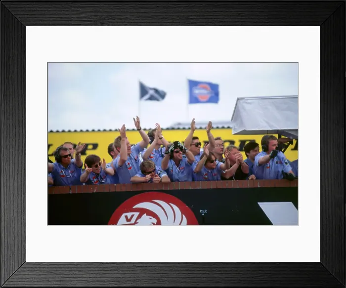 Framed Print : Nissan team celebrate victory 1998 British touring cars Framed Print : Nissan team celebrate victory 1998 British touring cars