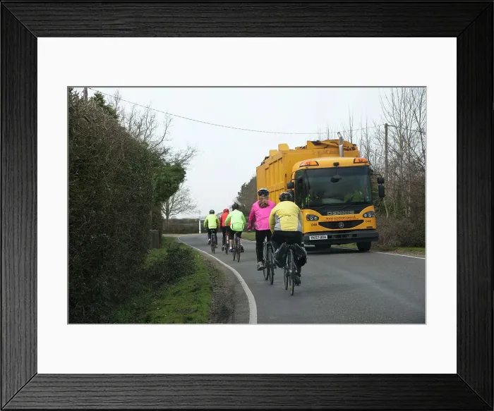 Framed Print : Group of cylists encounter refuse truck on country road in New Forest 2014 Framed Print : Group of cylists encounter refuse truck on country road in New Forest 2014