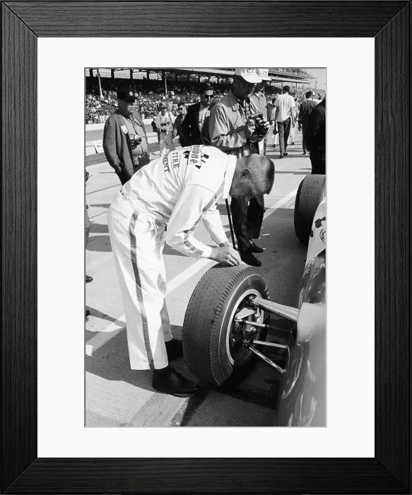 Framed Print : Technician checking tyre wear, Indianapolis, Indiana, USA, 1965 Framed Print : Technician checking tyre wear, Indianapolis, Indiana, USA, 1965