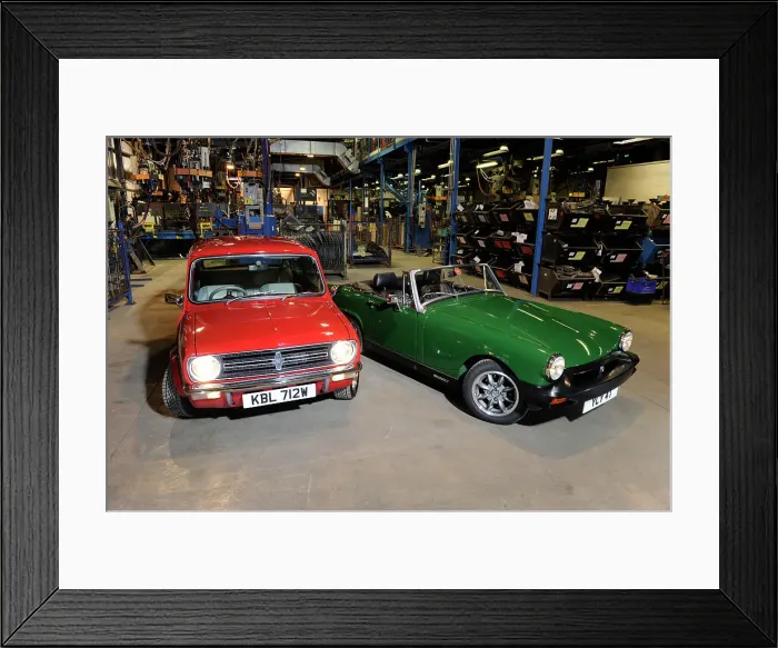 Framed Print : Austin Mini 1275 GT 1980 and MG Midget 1979. Artist: Simon Clay Framed Print : Austin Mini 1275 GT 1980 and MG Midget 1979. Artist: Simon Clay