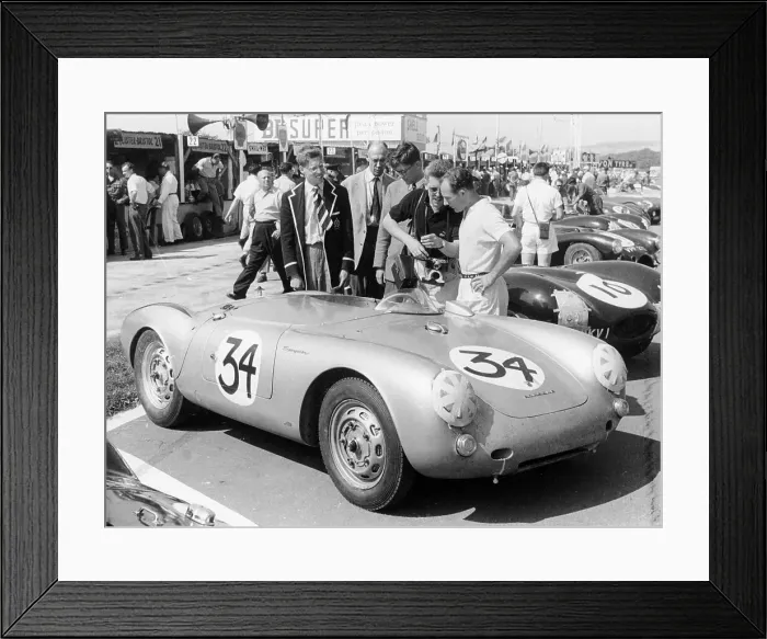 Framed Print : Stirling Moss with Porsche RSK, Goodwood, Sussex, 1955 Framed Print : Stirling Moss with Porsche RSK, Goodwood, Sussex, 1955