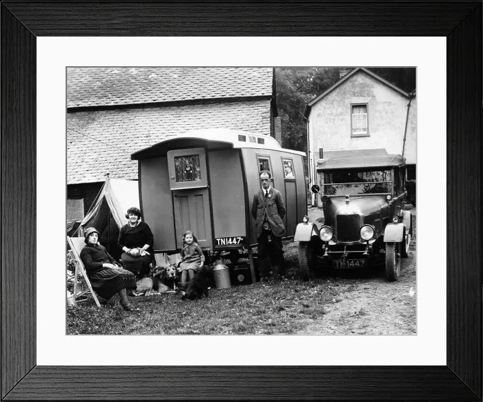 Framed Print : Family group with a 1925 Morris Oxford 14 / 28 and caravan, (Eccles, c1926?) Framed Print : Family group with a 1925 Morris Oxford 14 / 28 and caravan, (Eccles, c1926?)