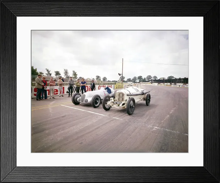 Framed Print : A 1914 and 1937 Grand Prix Mercedes racing cars at the starting line Framed Print : A 1914 and 1937 Grand Prix Mercedes racing cars at the starting line