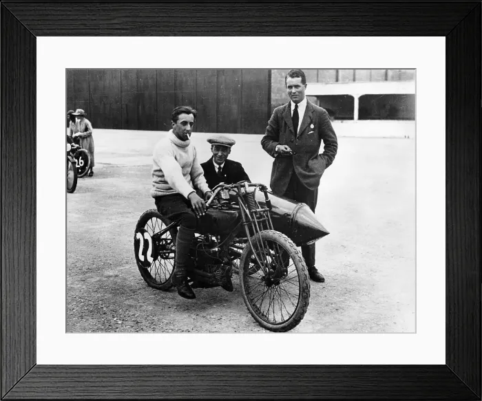 Framed Print : DH Davidson on a Flat Twin Harley-Davidson, Brooklands, Surrey, 1920