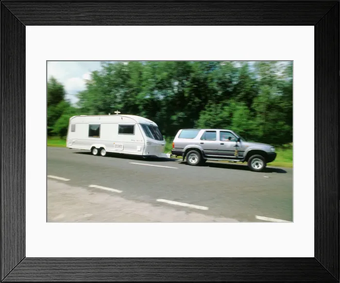 Framed Print : 1995 Toyota Landcruiser towing large caravan at speed Framed Print : 1995 Toyota Landcruiser towing large caravan at speed