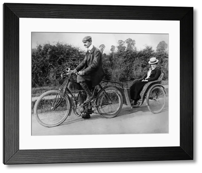 Framed Print : A motorcycle with a trailer, c1903 Framed Print : A motorcycle with a trailer, c1903