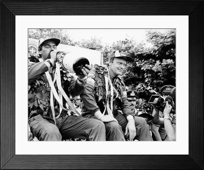 Framed Print : Hans Thorszelius drinking champagne and Bjorn Waldegaard, winners of the Acropolis Rally, 1979 Framed Print : Hans Thorszelius drinking champagne and Bjorn Waldegaard, winners of the Acropolis Rally, 1979