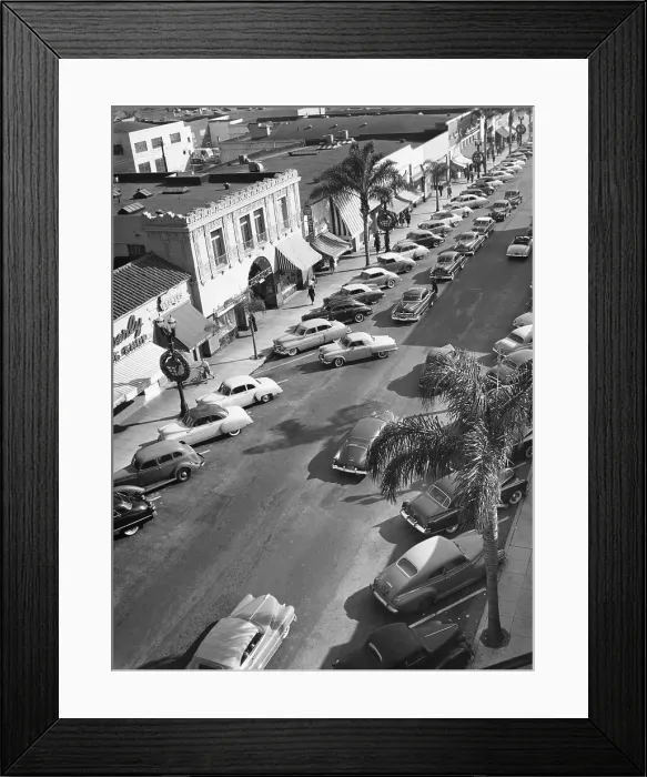 Framed Print : Street scene with cars parked, USA, c1952 Framed Print : Street scene with cars parked, USA, c1952