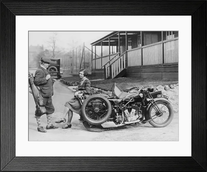 Framed Print : Golfers with a 1939 AJS and sidecar, (c1939?) Framed Print : Golfers with a 1939 AJS and sidecar, (c1939?)