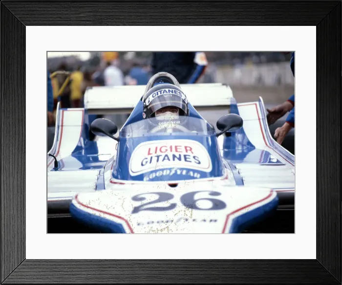 Framed Print : Jacques Laffite at the wheel of a Ligier-Cosworth, British Grand Prix, Brands Hatch, 1980 Framed Print : Jacques Laffite at the wheel of a Ligier-Cosworth, British Grand Prix, Brands Hatch, 1980