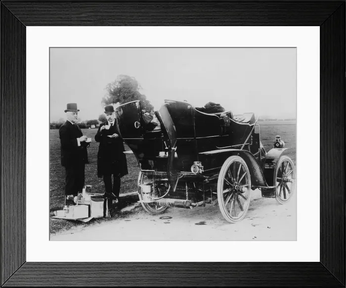 Framed Print : Men having tea beside a 1901 Panhard, (c1901?) Framed Print : Men having tea beside a 1901 Panhard, (c1901?)