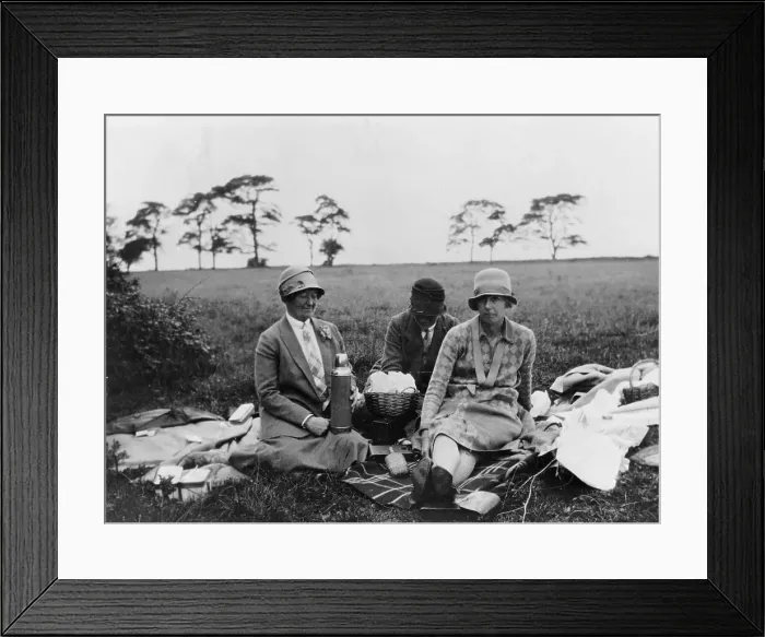 Framed Print : Three women having a picnic in a field, (1920s?) Framed Print : Three women having a picnic in a field, (1920s?)