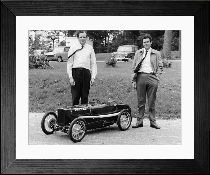 Framed Print : Two men standing by a miniature Sunbeam pedal car, 1960s Framed Print : Two men standing by a miniature Sunbeam pedal car, 1960s