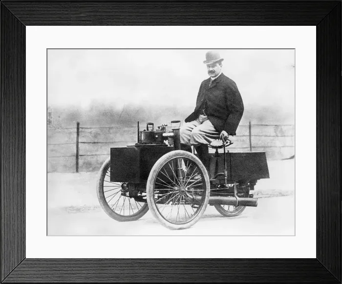 Framed Print : Albert de Dion on a steam tricycle, 1888 Framed Print : Albert de Dion on a steam tricycle, 1888