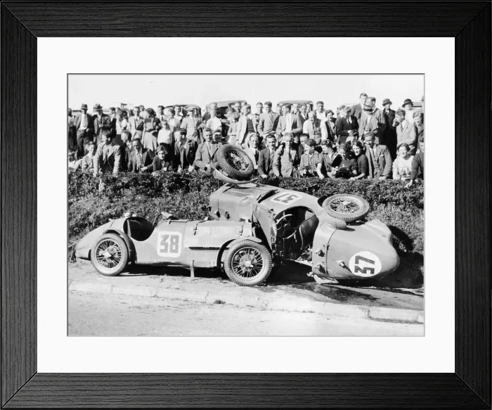 Framed Print : Two crashed cars from the Singer Nine team, possibly at a TTrace, 1935 Framed Print : Two crashed cars from the Singer Nine team, possibly at a TTrace, 1935