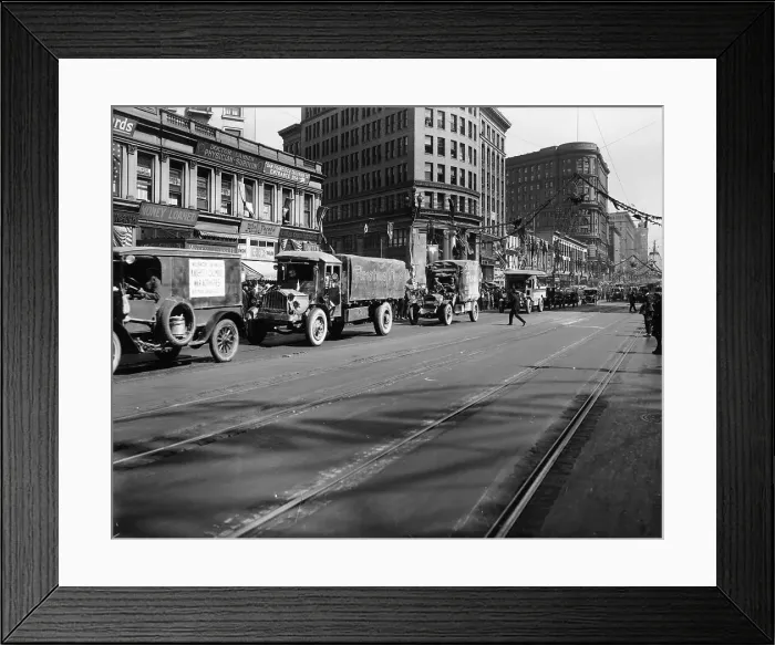 Framed Print : Trucks in Market Street, San Francisco, USA, c1922 Framed Print : Trucks in Market Street, San Francisco, USA, c1922