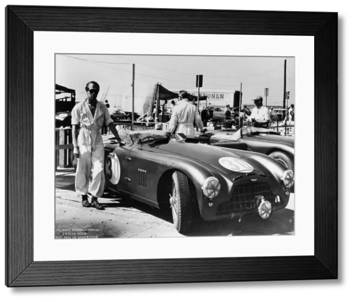 Framed Print : Peter Collins with an Aston Martin, Sebring, Florida, USA, 1950s Framed Print : Peter Collins with an Aston Martin, Sebring, Florida, USA, 1950s
