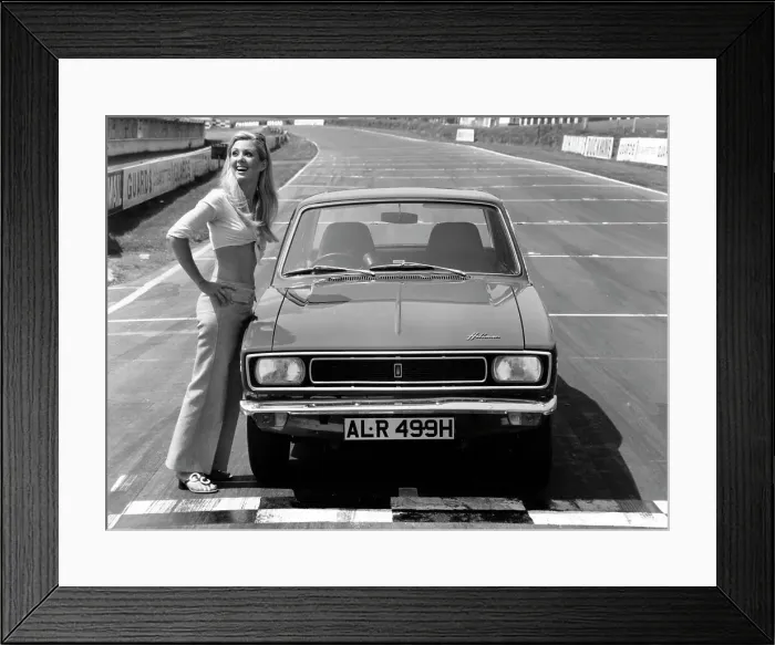 Framed Print : 1969 Hillman Hunter GT with female model Framed Print : 1969 Hillman Hunter GT with female model